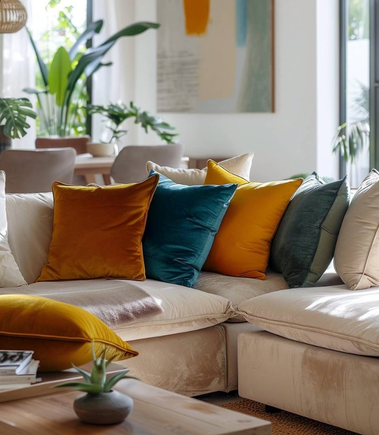 Canapé avec coussins colorés dans un intérieur lumineux